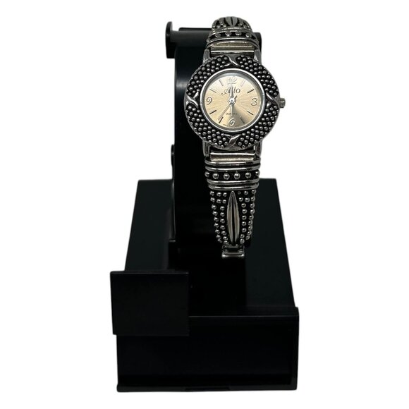 Alto Watch Women 25mm Silver Tone Round Ornate Quartz Stretch Band New Battery - Picture 10 of 15